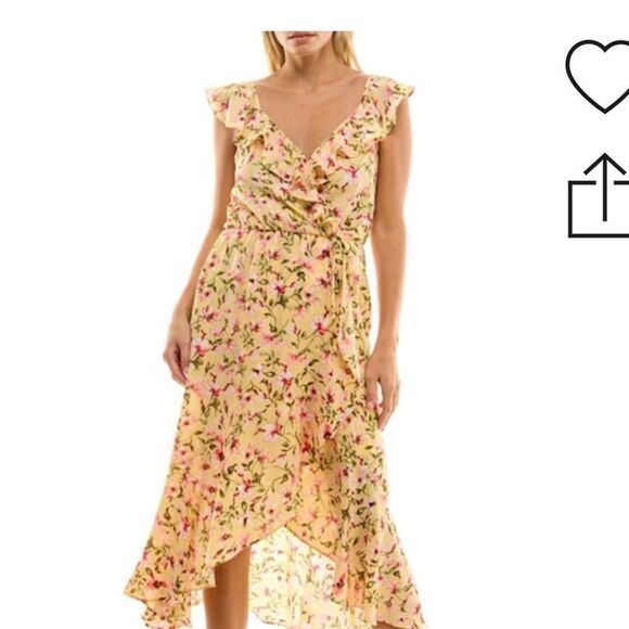 SOCIALITE DRESS XS YELLOW PINK RUFFLE PRINT WRAP MIDI ROMANCE FAIRYCORE SEXY - Picture 7 of 15